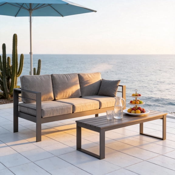 KIOOTTO Estate Collection: 73" (185cm) Wide-Body All-Weather Aluminum Patio Sofa, Featuring Ultra-Deep 27.5" Seating & Charcoal Loft 5" Thick Cushions in Graphite Slate Frame