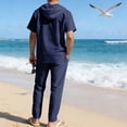 thumbnail image 6 of OGLCCG Men's 2 Piece Linen Beach Outfits Short Sleeve Button Up Hooded Shirt and Pant Set Casual Matching Set with Pockets,XL,Navy, 6 of 8