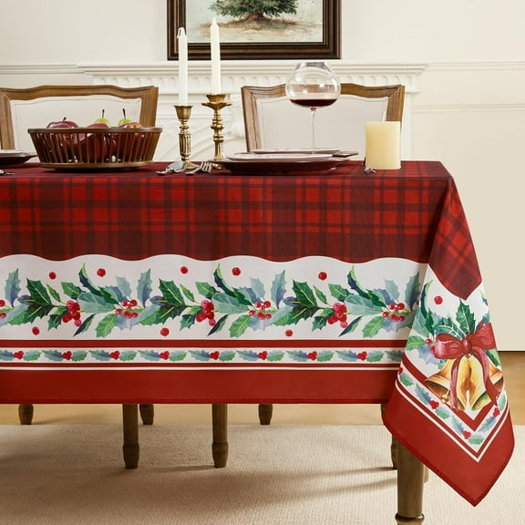Christmas Checkered Square Tablecloth, Winter Holly Bell Table Cloth, Red Buffalo Plaid Xmas Table Cover for Dining, Party, Holiday Decor - 60 x 60 Inch