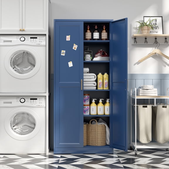 UNICOLY Metal Pantry Storage Cabinet,Blue 71” Tall Kitchen Pantry with Doors and 4 Adjustable Shelves,Freesatnding Food Cupboard with 2 Gold Handles