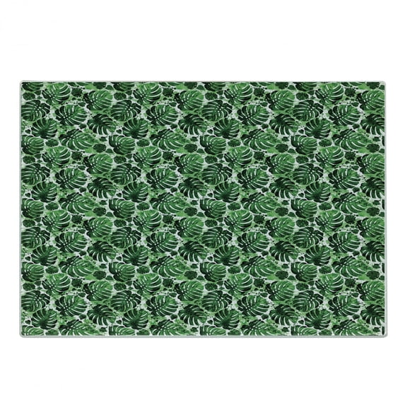 Tropical Cutting Board, Green Tones Exotic Monstera Leaves Pattern with Splashed Paint Effect Print, Decorative Tempered Glass Cutting and Serving Board, in 3 Sizes, by Ambesonne