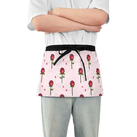 

Server Apron with 3 Pockets Waterproof Waitress Waist Short Apron for Man Woman Rose Flower 12 Inches