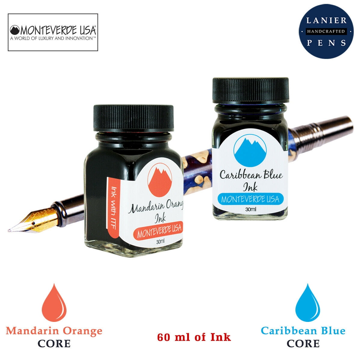 Monteverde 60ml Core Fountain Pen Ink Bottle (30ml Mandarin Orange Ink Bottle G309MO, 30ml Caribbean Blue Ink Bottle G309CU)