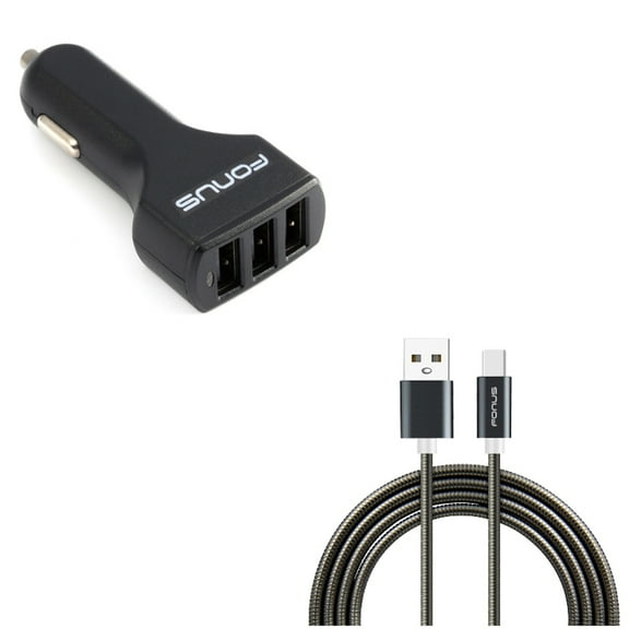 3-Port USB 36W Car Charger w Type-C 3ft Metal USB Cable P9Q for Acer Liquid Jade Primo - Alcatel PulseMix, 7, Idol 5S 5 4S - ASUS Zenfone V Live, ROG Phone, AR 6 5z 4 Pro - Blackberry Motion