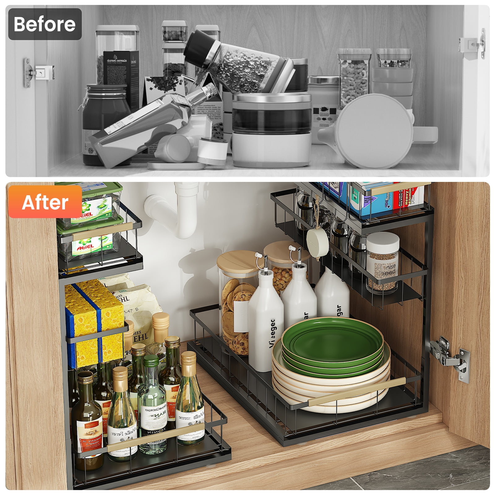 Alow Under Sink Organizer and Storage for Bathroom and Kitchen - 2 Pack Pull Out Under Cabinet Shelf Organizers - 3 Tier Sliding Out Drawer Organization for Home Cabinets Shelves and Drawers