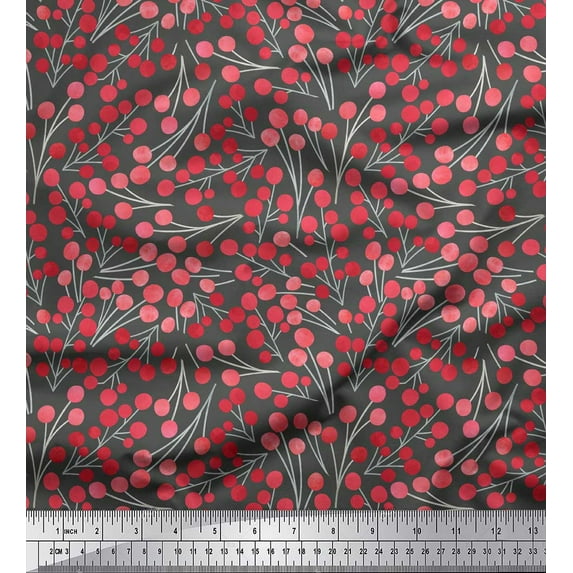 Soimoi Gray Poly Georgette Fabric Red Berries Fruits Print Fabric by Yard 42 Inch Wide