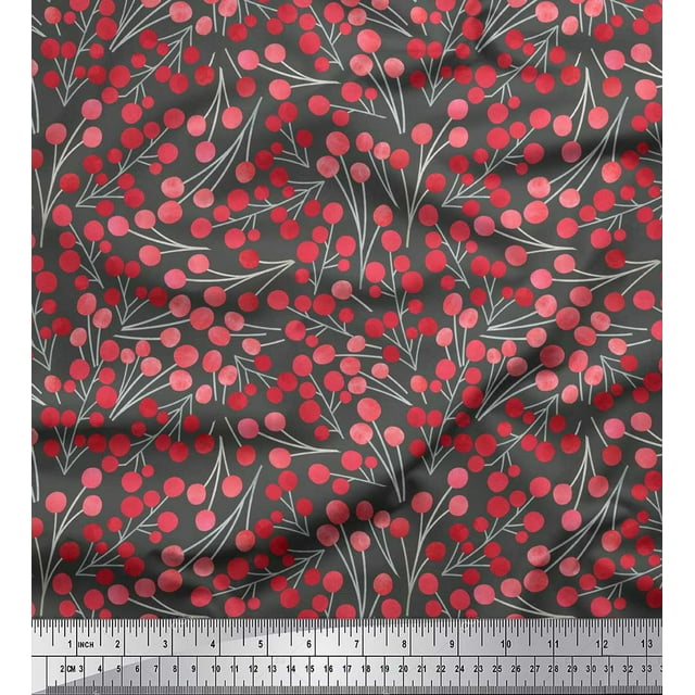 Soimoi Gris Georgette Viscose Tissu Rouge Baies Fruits Tissu Imprimé par la Cour 42 Pouces de Large