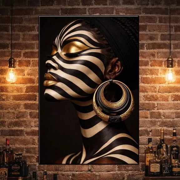 African Woman Zebra Body Paint Portrait Wall Art, Black and White Striped Face Art, Gold Makeup & Large Tribal Hoop Earrings Print, Afrocentric Fine Art Wall Decor