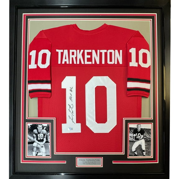 Framed Autographed/Signed Fran Tarkenton 35x39 Georgia Red College Football Jersey Beckett BAS COA