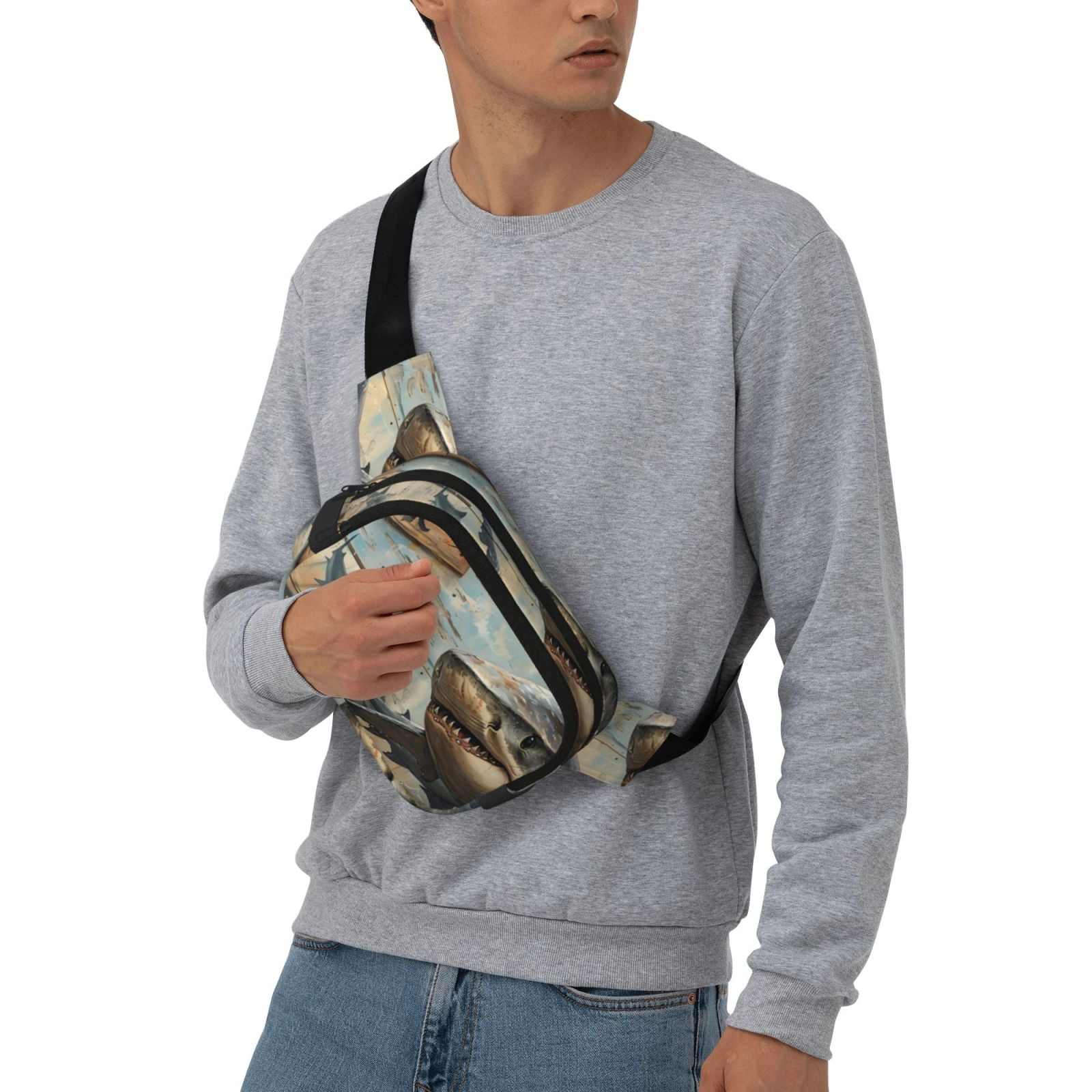 Picia Wood Grain Shark Print Square Double-Layer Waist Bag Mini Adjustable Waist Belt Bag Exercise Running Travel Hiking