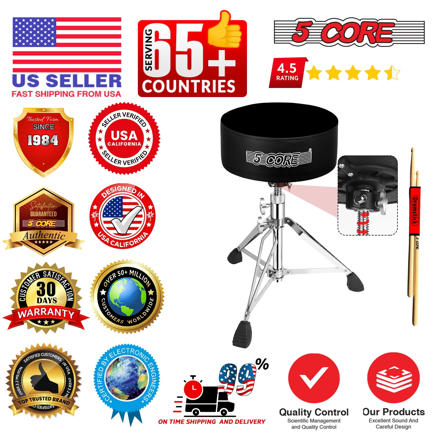 5Core Drum Throne Padded Guitar Stool Swivel Adjustable Drummer Seat Music Chair BLACK VELVET