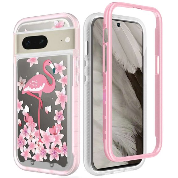 BD Dual Hybrid Phone Case for Google Pixel 7a (with LED Keychain Flashlight) - Pink Flamingo Flowers