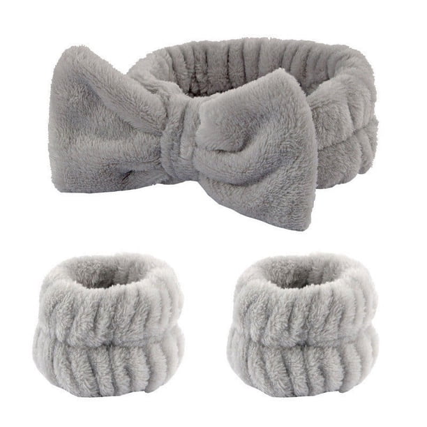 Zhuge Juego de 3 piezas de cintas para la cabeza, muñequeras y puños de spa para lavarse la cara para evitar derrames de líquidos, cintas para el cabello y muñequeras de toalla para mujeres (gris)