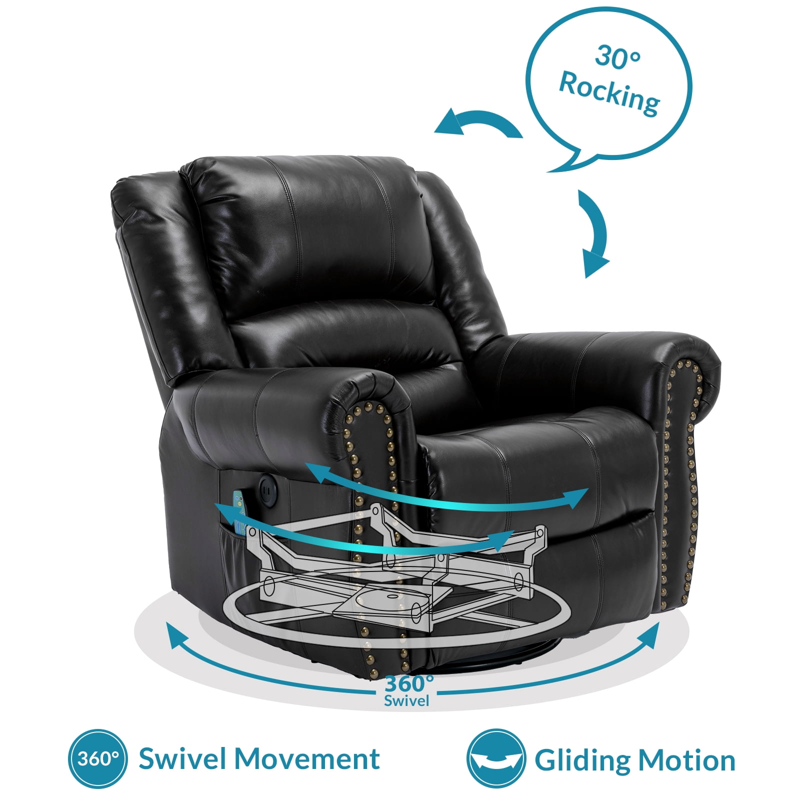 OUINCH Manual 360 Degree Swivel Glider Rocker Recliner Chair with Massage and Heat, USB Ports and 2 Side Pockets, Faux Leather, Black