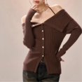 thumbnail image 4 of Women Asymmetrical Rib Knitted Sweater Casual Solid Slim Long Sleeve Coffee Color One size, 4 of 8