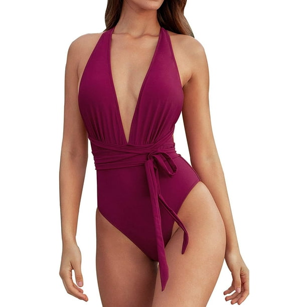 Traje de baño de una pieza para mujer Traje de baño rojo sólido con cuello en V profundo sexy Namotu CZYD-SY79-1