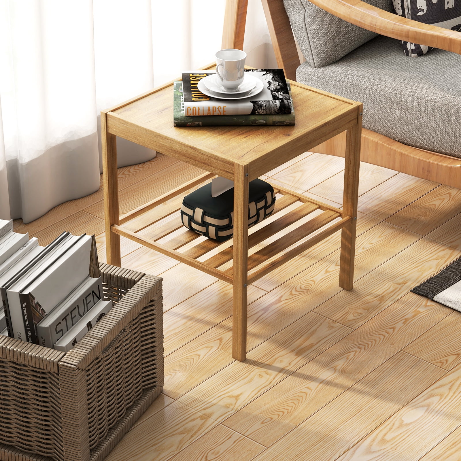 Topbuy Bamboo Nightstand Set of 2 2-tier Side Table w/ Bottom Shelf Square End Table Beside Sofa & Bed Compact Nightstand for Small Space