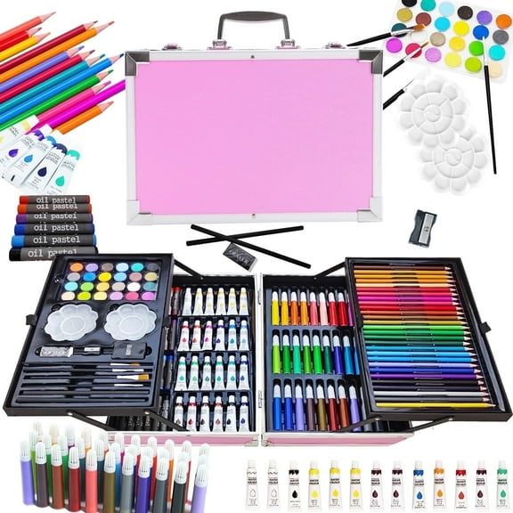 145 Pcs Art Set for Painting Coloring Drawing,Deluxe Portable Double Layers Aluminum Gift Box(Pink),Art Supplies for Girls Boys-Includes Color Pencils,Art Kit
