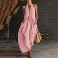 thumbnail image 2 of fheaev Women's Maxi Dress Linen Halter Neck Sleeveless Pleated Backless with Pockets Solid for Vacation Pink XL, 2 of 6