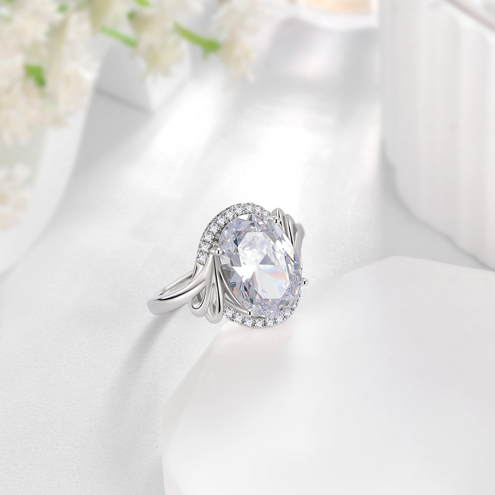 Juwaliy 8Ct Halo Oval Engagement Ring 925 Sterling Silver Women April Birthstone Diamond CZ Band Promise Bridal Jewelry Mother Birthday Gift