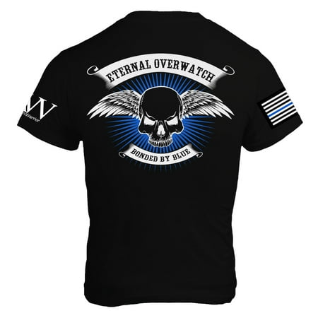 Eternal Overwatch / Thin Blue Line T-Shirt Supporting Police, Sheriff, Law Enforcement, Veterans w Winged Skull and US Flag on Sleeves, Made in the USA