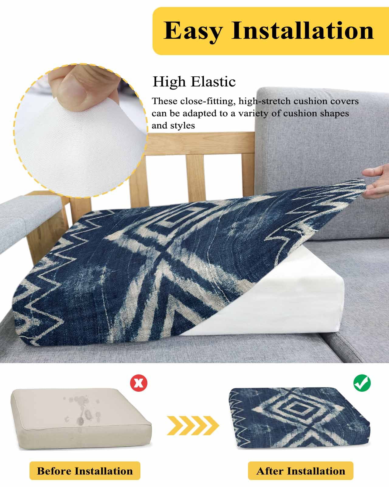Navy Blue Couch Cushion Covers Stretch, Washable Sofa Seat Covers Individual Seat Cushion Sofa Slipcovers Vintage Tribal Abstract Geometric Tie Dye Art Couch Cover Furniture Protector S-1PCS