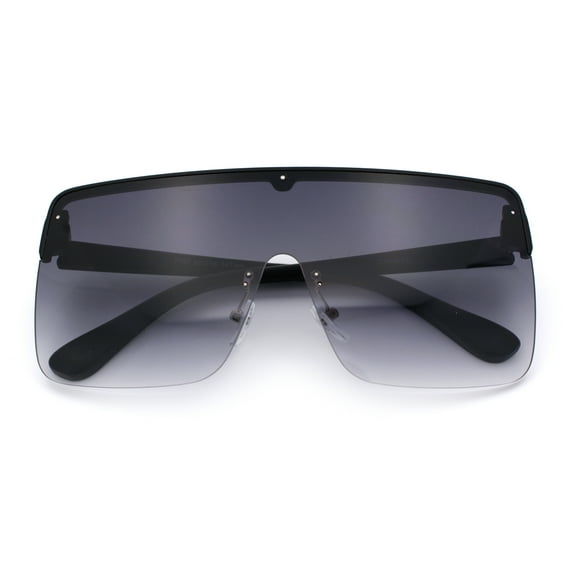 Minimal Oversized Half Rim Shield Flat Top Plastic Mafia Mogul Sunglasses Black - Smoke