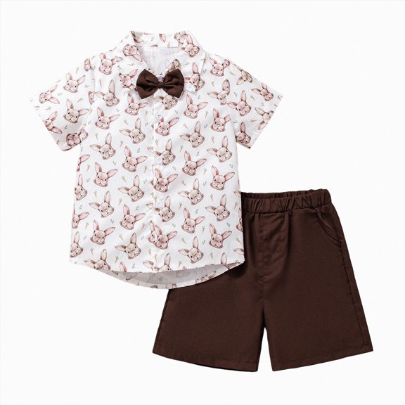 KPOPLK Toddler Baby Boy Outfit Clothes Baby Short Sleeve Button Up Shirt Shorts Set 2 Piece Summer Clothes(5-6 Years,Brown)