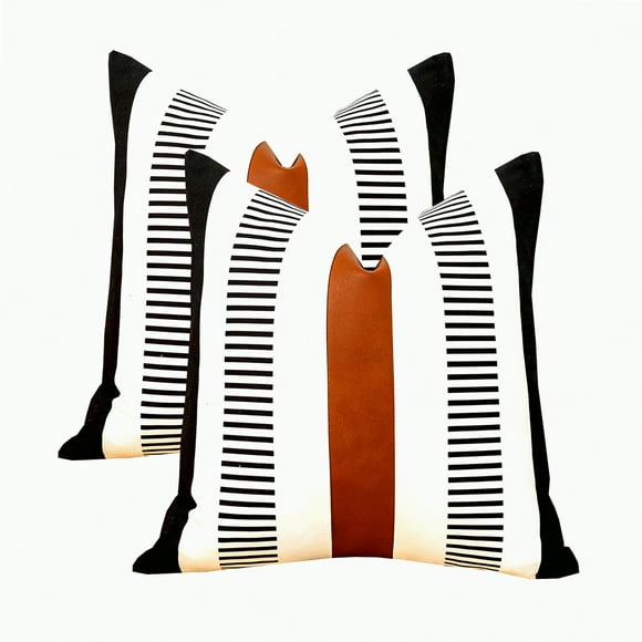 Modern Farmhouse Leather Stripe Pillow Covers - Set of 2, 26x26 Inch, Neutral Accent Cushion for Living Room Couch Bed. Black Geometric Boho Design.