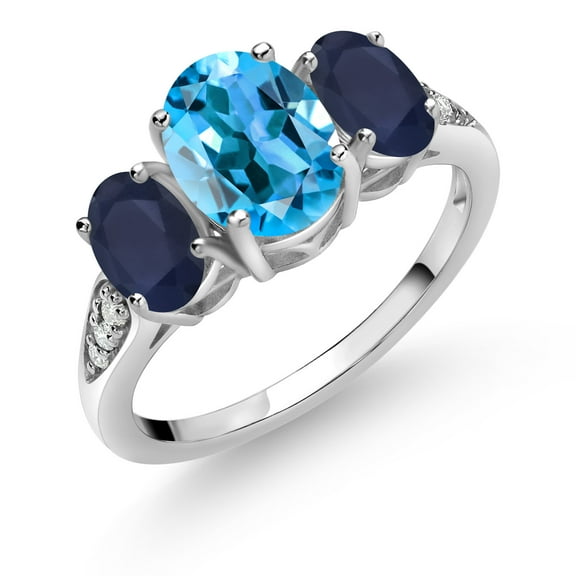 Gem Stone King 10K White Gold Swiss Blue Topaz Blue Sapphire and White Lab Grown Diamond 3 Stone Engagement Ring for Women (2.64 Cttw, Gemstone Birthstone, Size 5)