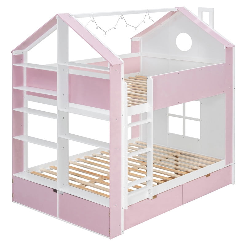 Full Over Full Bunk Bed with Storage Drawers and Shelves, Modern Two-Tone Wood Bunk Bed with LED Light Strip, Safety Guardrails and Ladder, Space-Saving Bed Frame for Kids, Teens