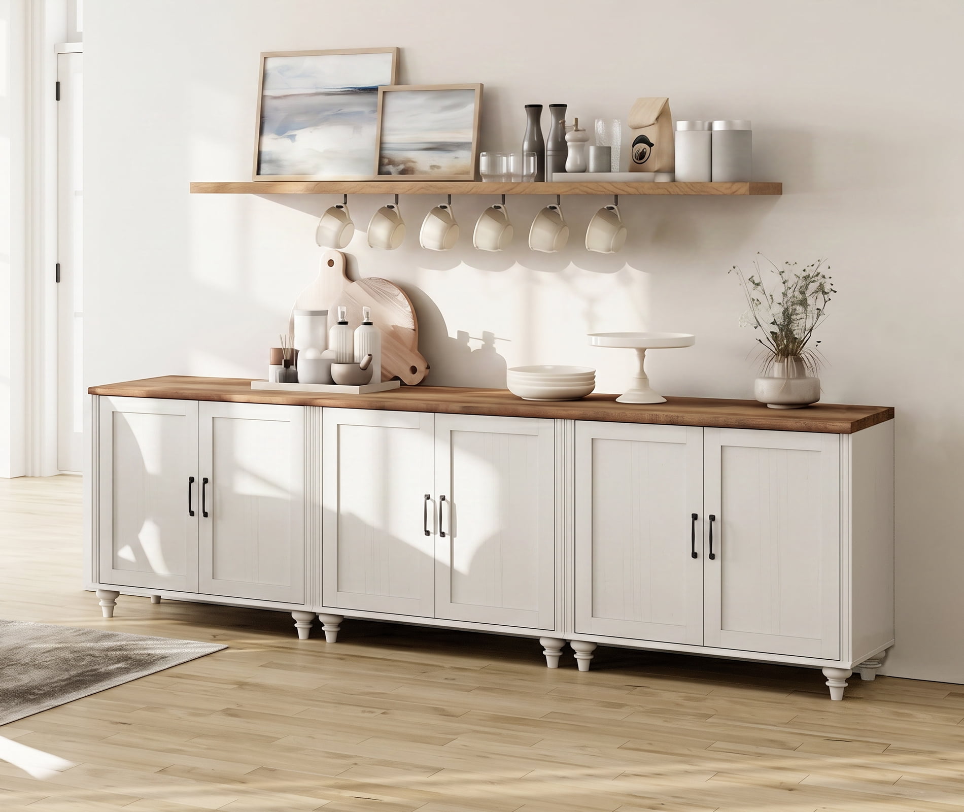 Modern Farmhouse Credenza, 101" White Storage Sideboard with Wood Doors