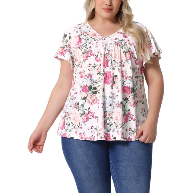 Blusa casual de verano para mujer de tallas grandes Agnes Orinda con flores, volantes, plisada, escote en V y mangas cortas 1X en blanco y rosa floral