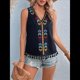 thumbnail image 4 of Camiseta Sin Mangas Informal con Cuello en V, Bordada y Estampado Gráfico para Mujer, Estilo Bohemio, con Dobladillo con Borlas. Negro S, 4 of 9