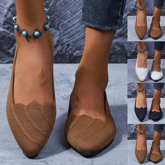 YangJinLian Women's Classic Ballet Flats, Pointed Toe Comfortable Dress Shoes Flats, Soft Knit Slip On Flats Shoes for Women White