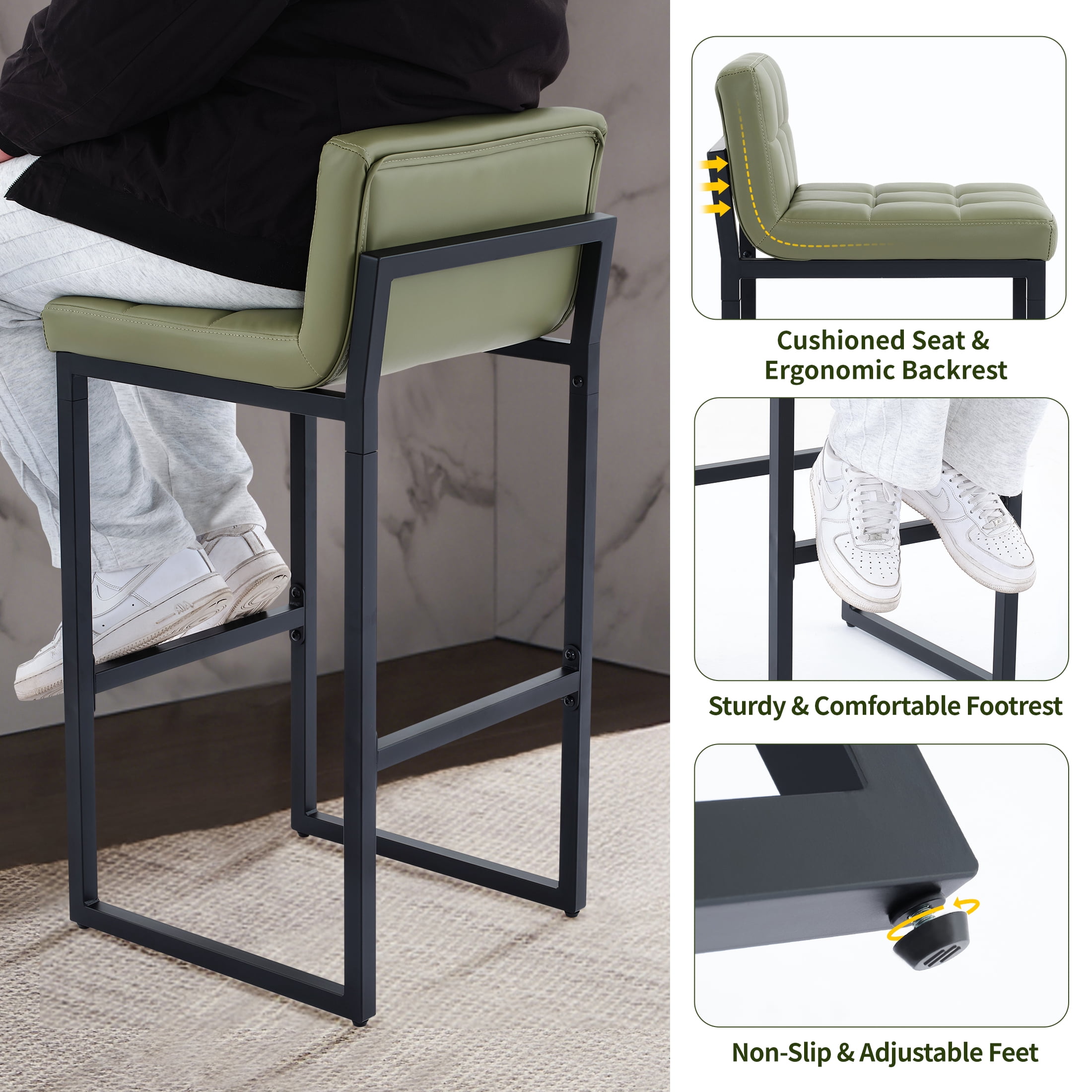 FIRAVOE Bar Stools Set of 3, Counter Height Bar Stools (Low Back)(Thickened Frame) 26" PU Leather Barstools Bar Chairs for Kitchen Island, Green