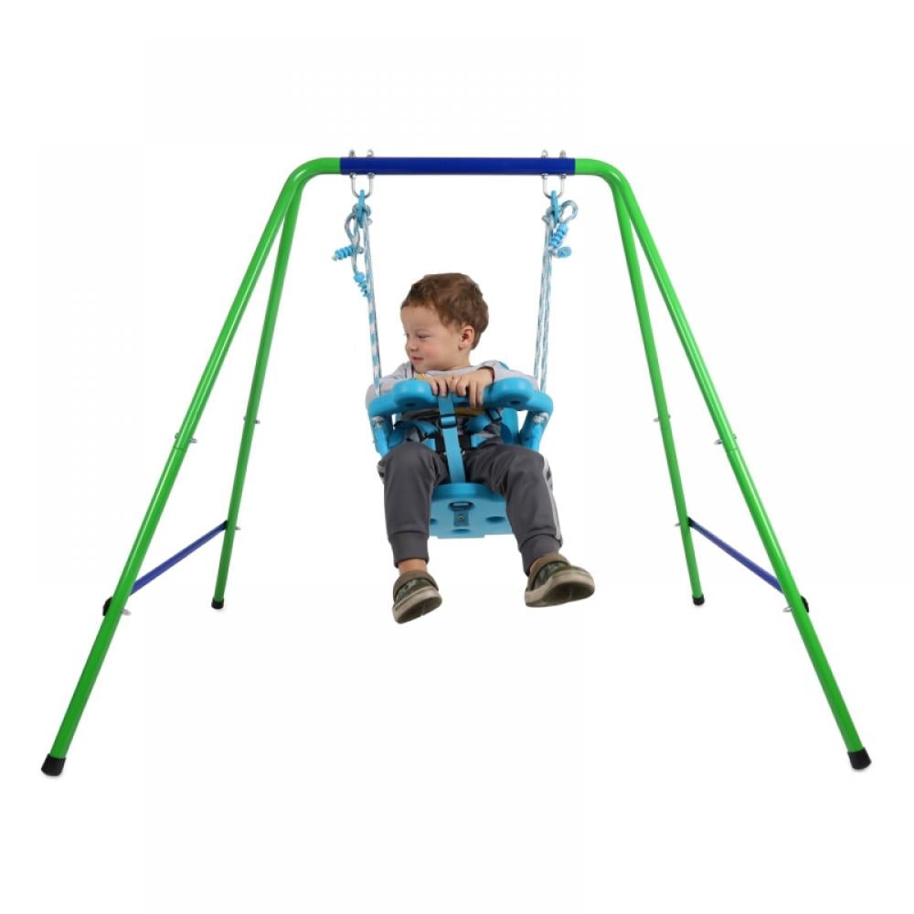 MORESAVE Toddler Single Swing Set,Folding A-Frame Outdoor Secure Swing with Safety Seat,Perfect Baby Childrens First Gift 