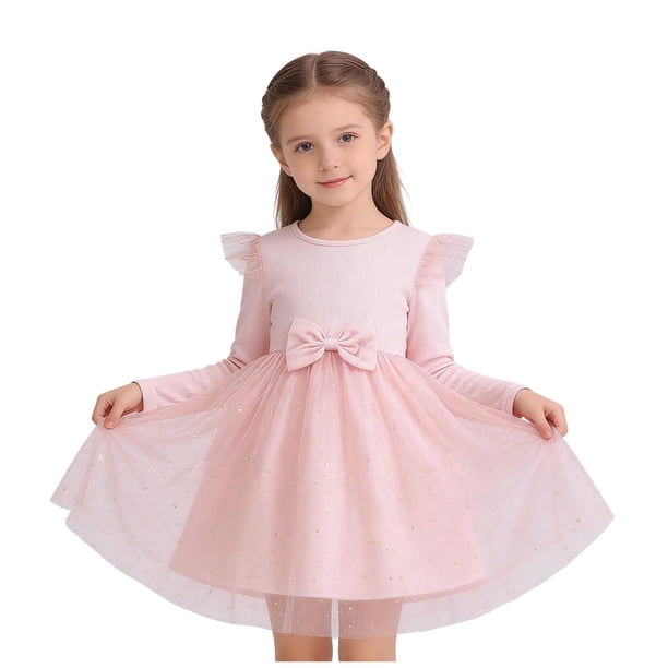 Vestido de princesa de manga larga con volantes y nudo para niña, de primavera y verano, de malla elástica brillante, con cuello redondo y manga corta, de poliéster.