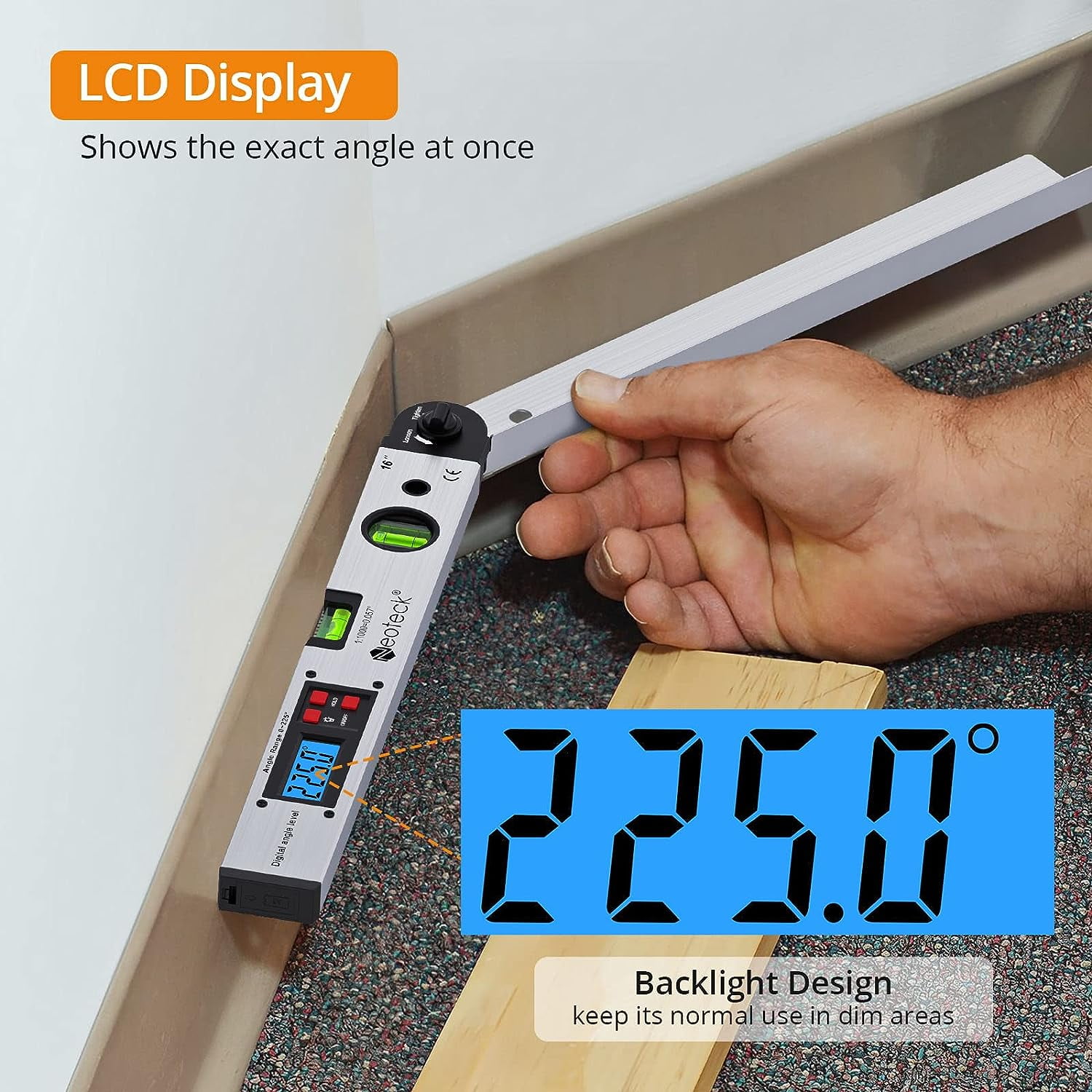 Esynic Aluminum Digital Angle Finder Protractor 225° 16 inch Backlit LCD Digital with Horizontal and Vertical Bubble - Silver