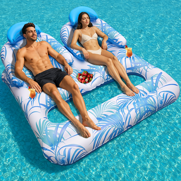 GVDV Pool Lounger Floats for 2 Person, 72'' x 65'' Giant Size Pool Float Chair with Backrest, Footrest, Cup Holder & Fruit Tray, Comfortable Lounge Chair for Pool, Beach, Lake