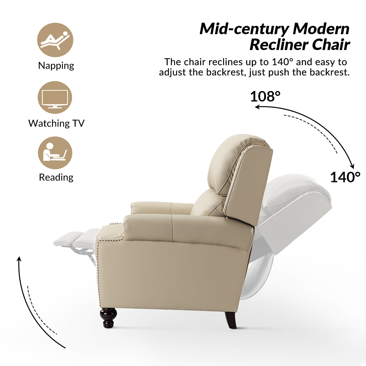 Mid-century Genuine Leather Pushback Recliner Chair with Nailhead Trim Set of 2 Beige