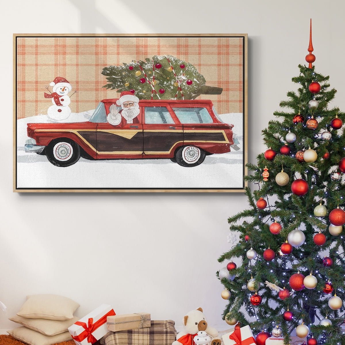 Santa on Wheels I - Framed Gallery Wrapped Holiday Canvas - 25 x 37 - Natural Wood Frame