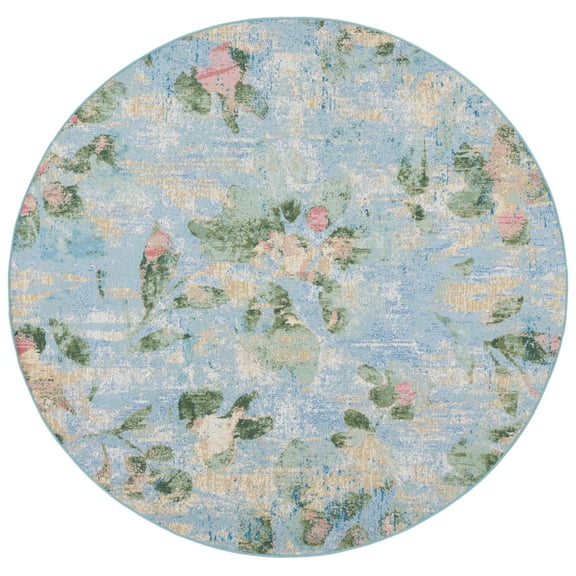 SAFAVIEH Barbados Cedric Floral Indoor/Outdoor Area Rug, Light Blue/Green, 6'6" x 6'6" Round