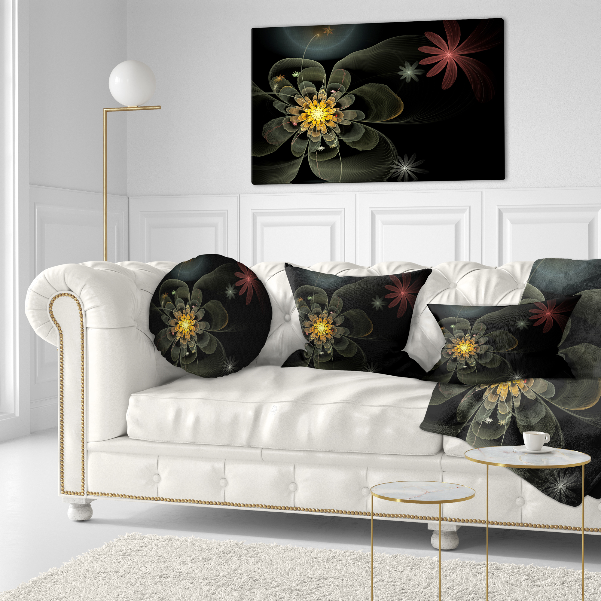 Designart Yellow Small Fractal Flower in Black - Floral Throw Pillow - 12x20