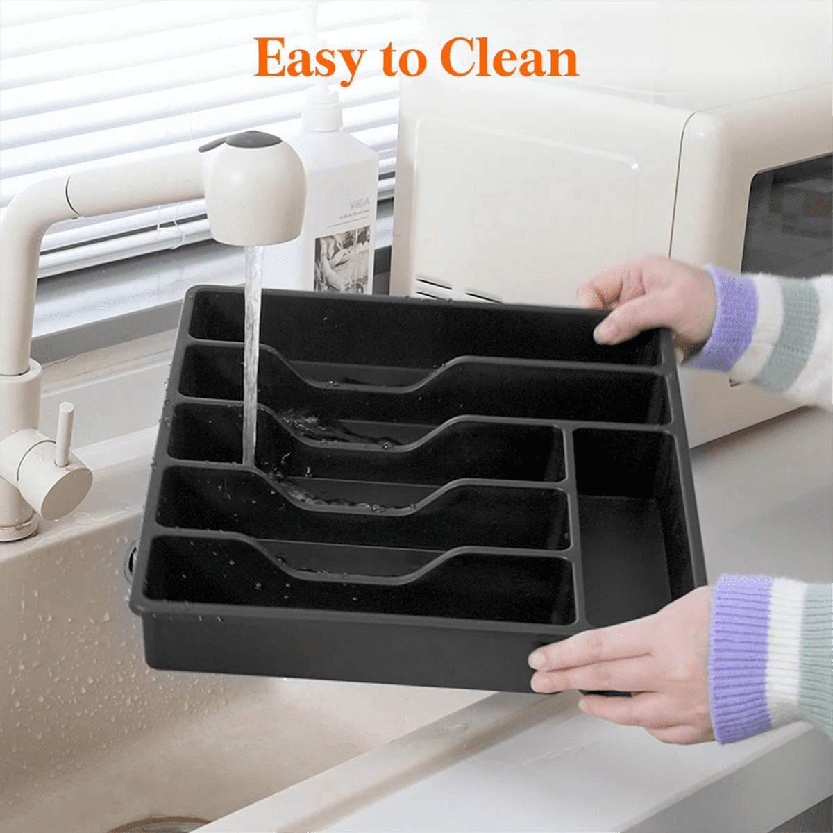 Silverware Organizer with Lid,Covered Utensil Tray for Kitchen Drawer and Countertop, Plastic Cutler Black PP