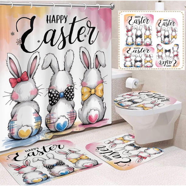 Accesorios de baño Serie temática de conejito de Pascua Cortina de ducha de poliéster impermeable y cortina de ducha Juego de 4 piezas Cortina divisoria de baño Juego de baño de poliéster