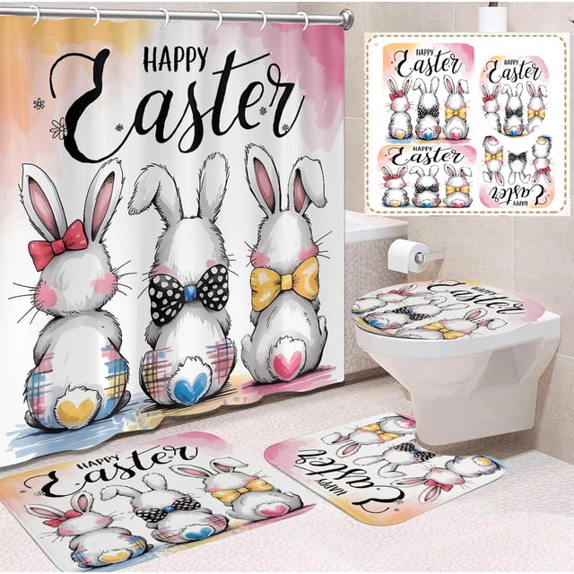 Weloille Easter Rabbit Theme 4-Piece Bathroom Set, Polyester Waterproof Shower Curtain Non-Slip Bath Mat, Water Absorbent Decor Set for Bathroom, Guest Room Home Holiday Decor