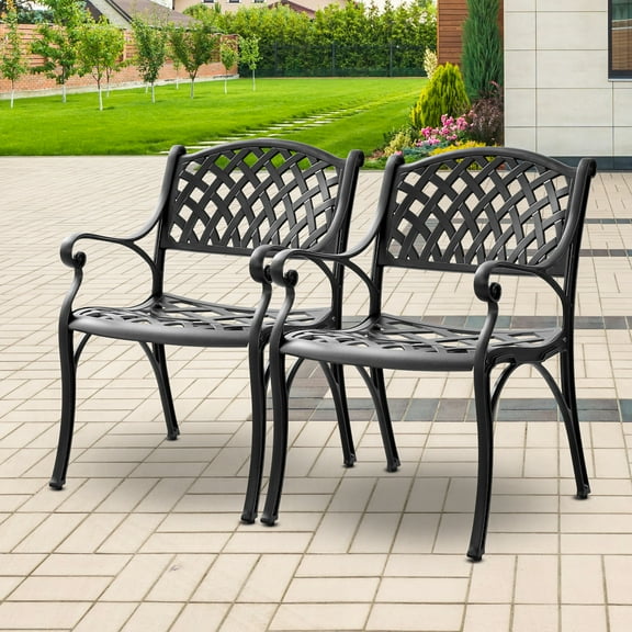 PATIO-IN Cast Aluminum Patio Chairs Set of 2, All Weather Outdoor Patio Dining Chairs with Arms,Metal Patio Chairs for Garden,Black