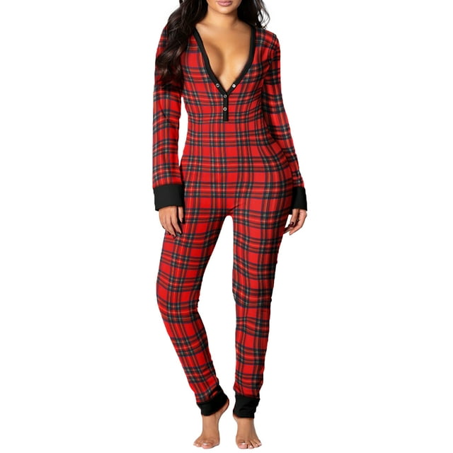 Fashnice Combinaison pour Femmes Col en V Pyjama Moulant à Rabat Boutonné Confortable pour les Vacances à Carreaux m