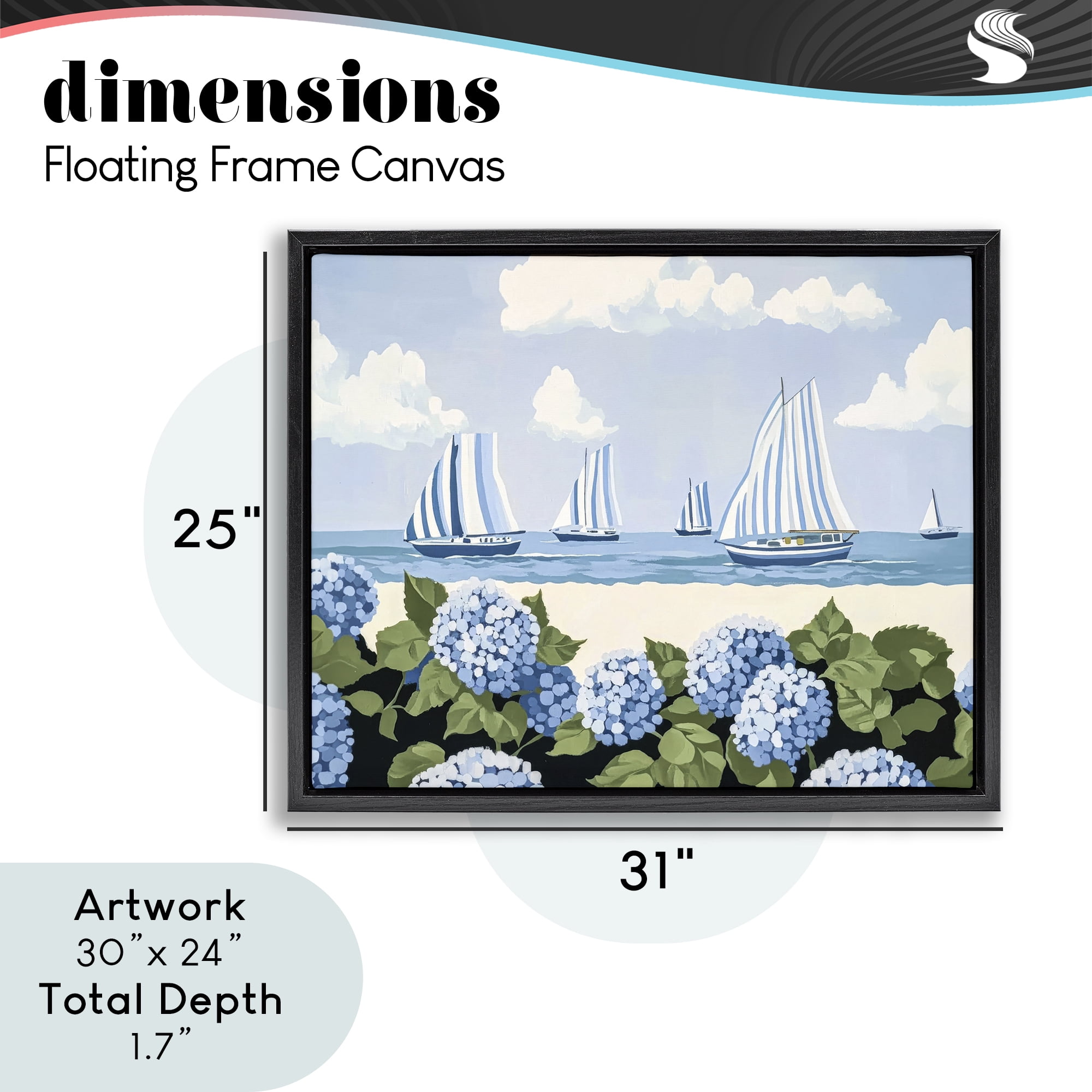 Stupell Industries Striped Sails & Seaside Hydrangeas Black Framed Floater Canvas Wall Art, design by Sisi and Seb